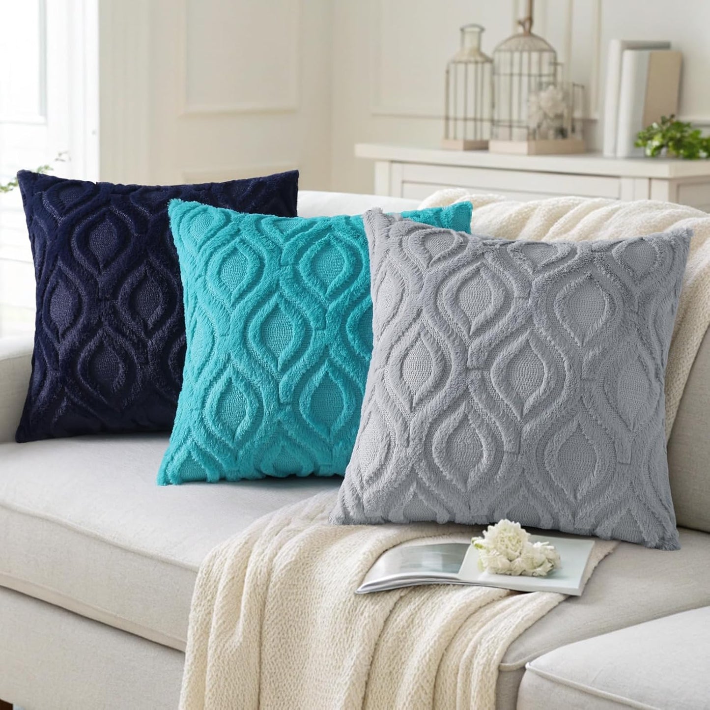 decorUhome Fall Throw Pillow Covers 24x24 Inch Set of 2, Soft Plush Decorative Faux Fur Blue Grey Solid Couch Pillow Covers, Accent Farmhouse Neutral Square Euro Pillow Cases for Sofa Bed Living Room