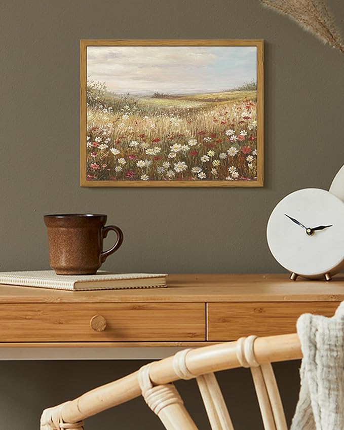 SHENIFY Vintage Framed Wall Art Meadow with Flowers Landscape Scenery Home Decor Retro Wildflower Field Decorations for Farmhouse Bedroom Ready to Hang Wall Artwork - 8x10in Natural Framed