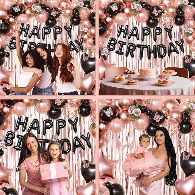 Rose Gold and Black Birthday Decorations for Women Girls, Pearl Metallic Rose Gold Black Foil Confetti Balloons Happy birthday Banner Gold Butterfly Fringe Curtains for Birthday Party Women Girls