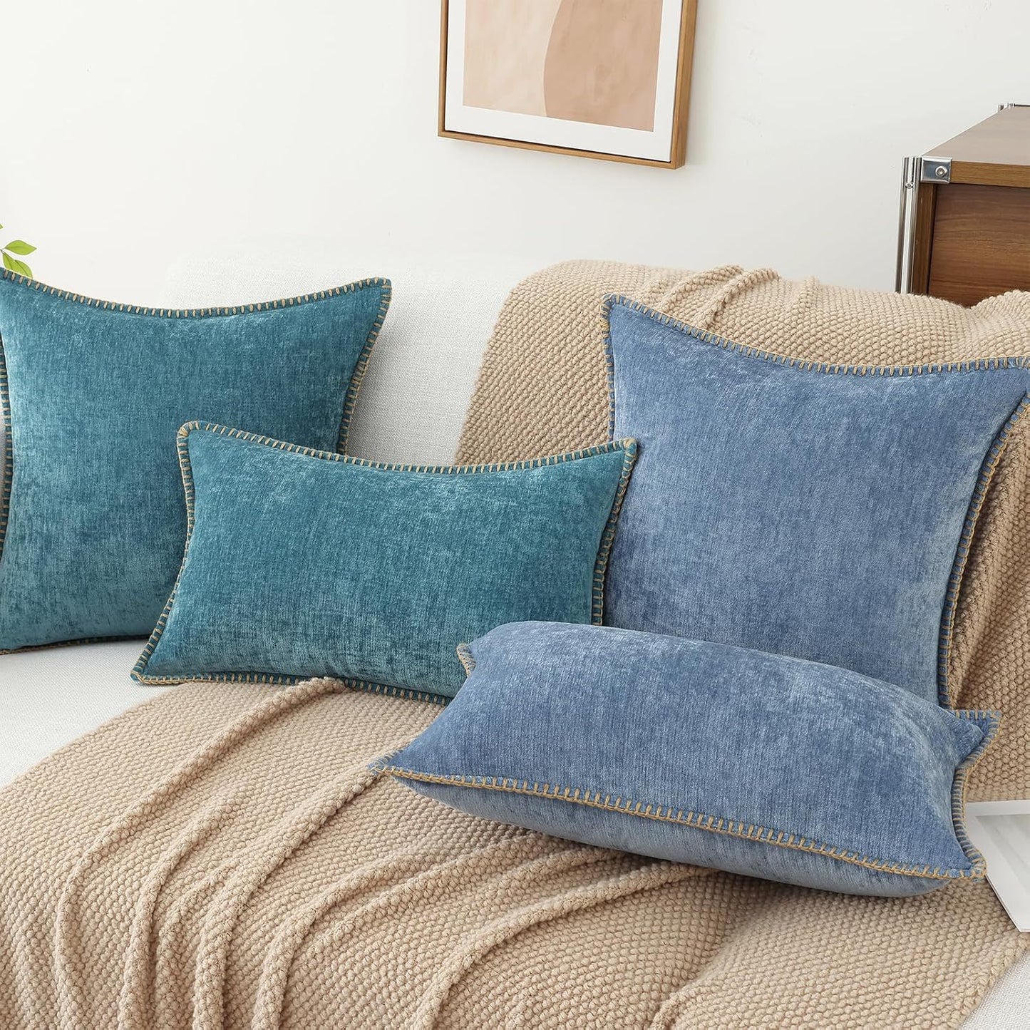 decorUhome Chenille Soft Throw Pillow Covers 24x24 Set of 2, Farmhouse Velvet Neutral Decorative Euro Pillow Covers with Stitched Edge for Couch Sofa Bed Home Decor, Blue