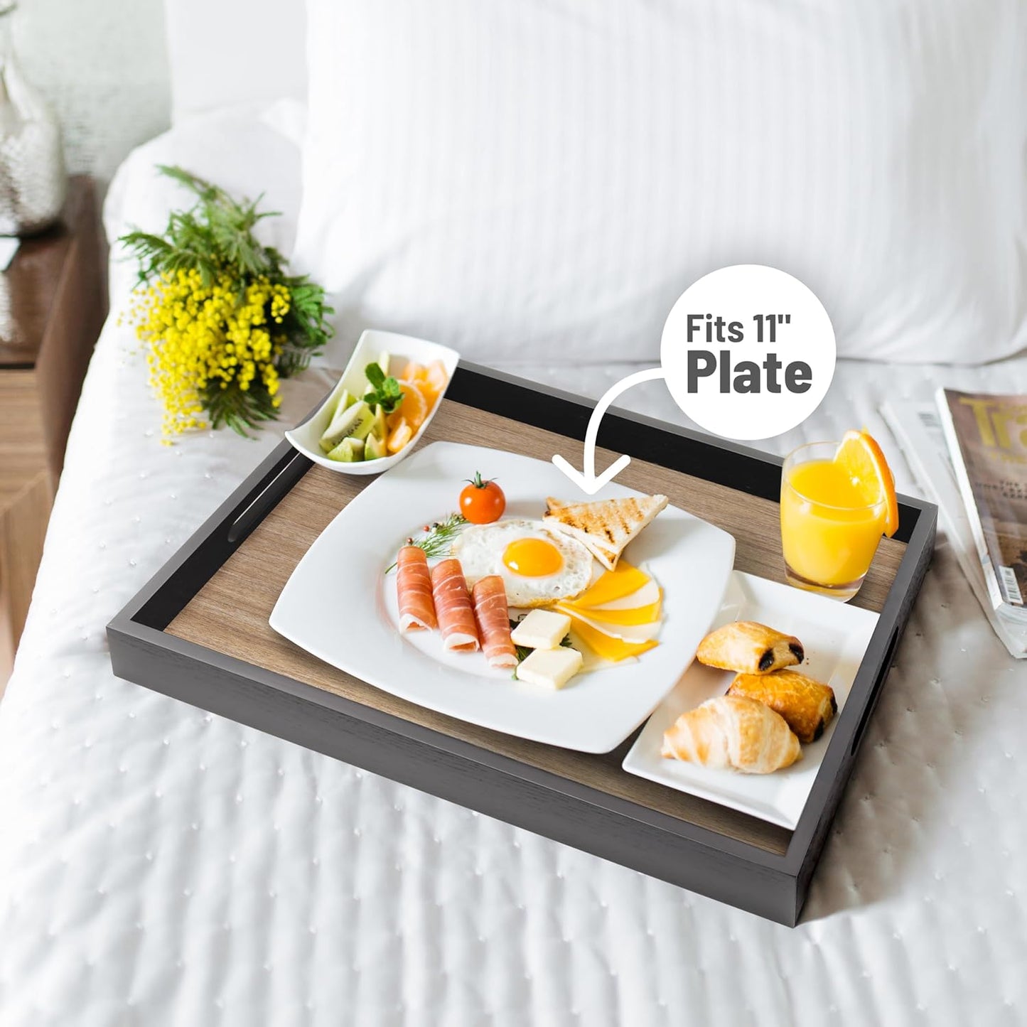 Wood Serving Tray with Handles, Home Decorative Wooden Rectangle Ottoman Decor Platter Vanity Tray for Breakfast Dinner Drinks Kitchen Dining Living Bathroom Restaurants Black Wooden