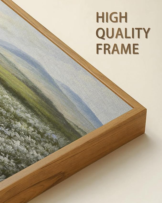 SHENIFY Vintage Landscape Framed Wall Art Meadow with Flowers Scenery Farmhouse Decor Rustic Retro Grassland Wildflower Field Painting for Kitchen Bedroom Bathroom - 8x16in Natural Framed