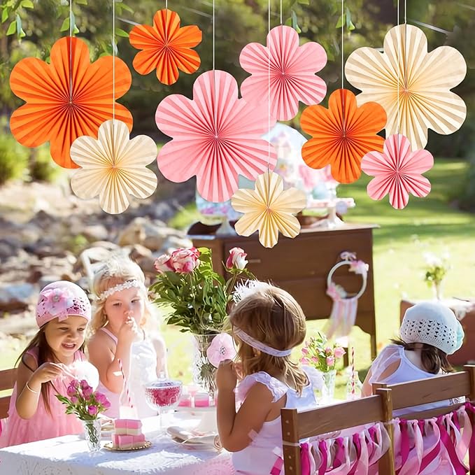SUNBEAUTY Paper Flowers Decorations Pink and Orange for Wall Paper Fans Classroom Decoration Paper Floral Backdrop Decor Paper Fans Decor Hanging Paper Fans Orange Flower Wall Decor Set of 9