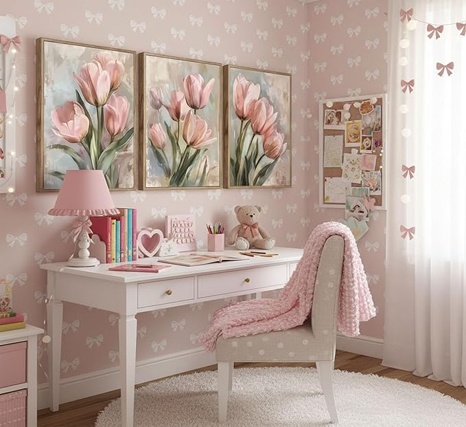 3 Pcs Vintage Pink Tulips Flowers Canvas Wall Art Retro Spring Pink and Green Floral Botanical Paintings Pictures Wall Decor Poster Print Artwork for Living Room Bedroom Home Decoration Unframed