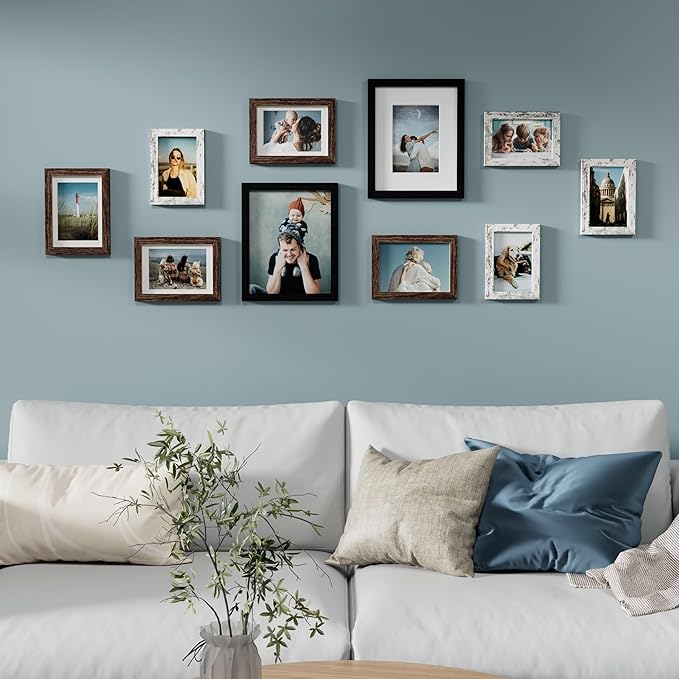 Vittanly 10 Pack Picture Frames Collage Wall Decor, Gallery Wall Frame Set for Wall or Tabletop Display, Multi Sizes with Two 8x10, Four 5x7, and Four 4x6 Photo Frames, Black&Brown&Distressed White