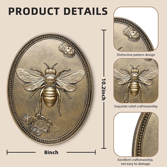 Newinhome Vintage Bee Wall Sculpture, Antique Wall Decor, Hanging Decoration with Embossed Bee Design, Vintage Decoration for Living Room, Bedroom and Hallway, Housewarming Gift