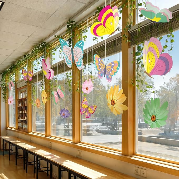 30 Pcs Spring Decorations for Classroom Spring Ceiling Hanging Decorations Kit with 20 Butterfly Bloom Flower and 10 Green Radish Garland for Party Wall Office Classroom School Decor