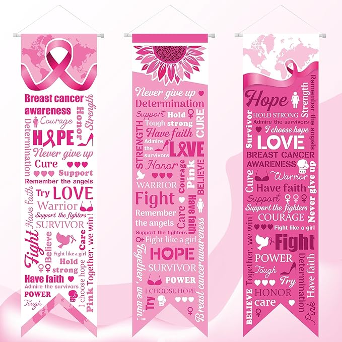 3 Pieces Breast Cancer Awareness Decorations Pink Ribbon Banners Porch Signs Awareness Ribbon Hanging Backdrops for Indoor Outdoor Breast Cancer Party Decor Supplies