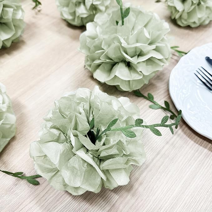 Sage Green Tissue Paper Flowers Pom Pom with Leaf Ribbon Dusty Green Hanging Garland Streamer for Birthday Baby Shower Wedding Engagement Woodland Safari Jungle Neutral Party Decorations Supplies