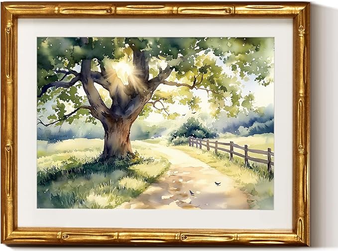 VIYYIEA Bamboo Detail Design Gold Framed Wall Art, Vintage Framed Landscape Wall Art Decor, Sunlit Village Path Bathroom Pictures, Vintage Artwork Decor Paintings for Bedroom, 11 x 14 Inch