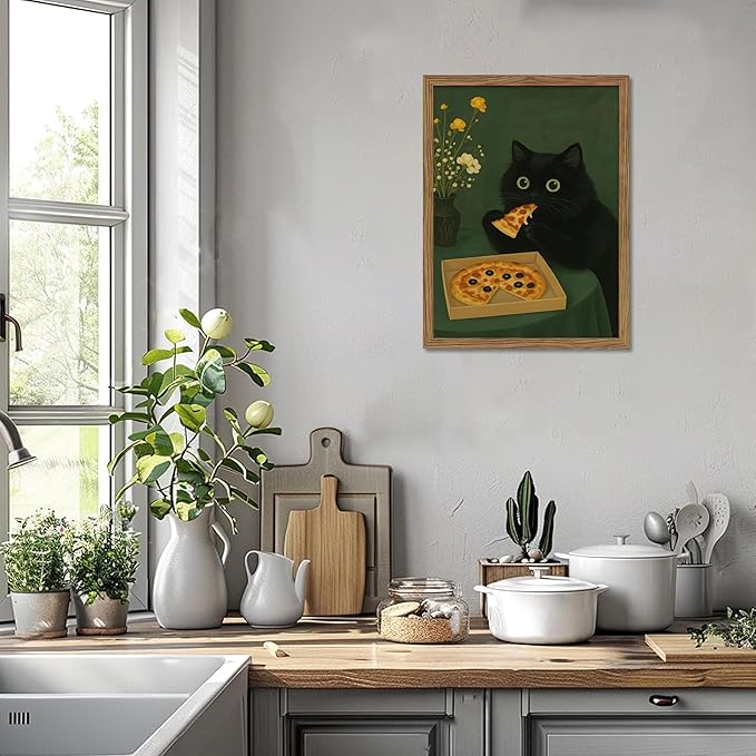 Framed Black Cat Wall Art, Cute The Cat Eating Pizza Canvas, Funny Kitchen Pictures Decor, Playful Food Lover Prints Artwork, Whimsical Animal Wall Decor for Kitchen Dining Room – 8x10 inch