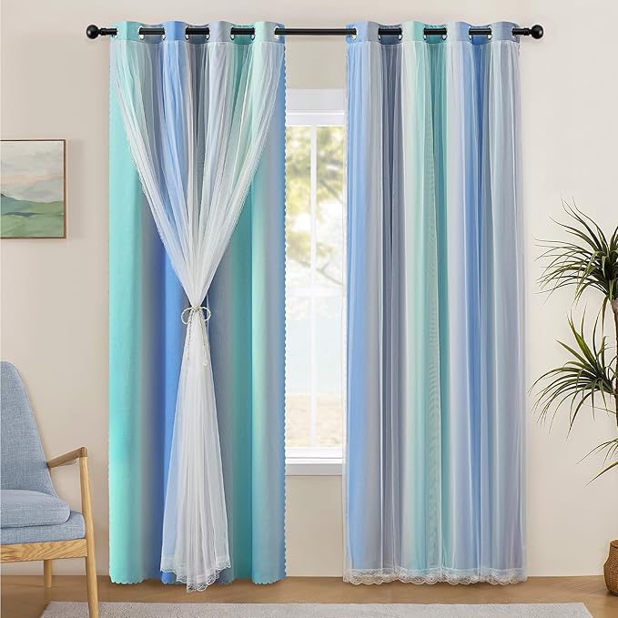 XiDi Blue Green Grey Blackout Curtains 63 Inches Long for Living Room Bedroom 2 Panels Double Layer Curtains Rainbow Kids Grommet Window Drapes for Nursery Princess Unicorn Wall Decals 34 Inches Wide