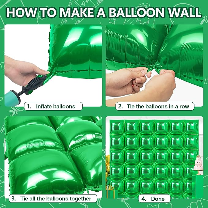 NISOCY 36PCS Green Square Foil Balloons Wall Backdrop Double Sided Green Christmas Balloons Tunnel Arch Kit for Baby Shower Birthday Anniversary Summer Party Decoration