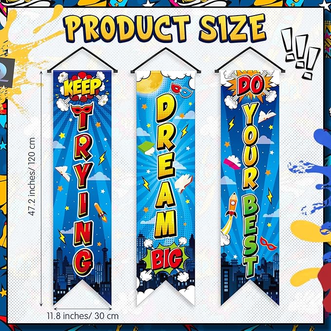 3 Pieces Hero Party Decorations Hero Wall Banners Porch Signs Backdrops Inspirational Cityscape Photography Background for Theme Birthday Party Baby Shower Classroom Decorations