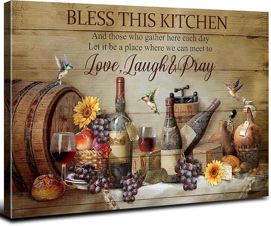Rustic Kitchen Wall Art Farmhouse Dining Room Decor Wine Wineglass Wall Decor Positive Quotes Picture Canvas Prints Bless This Kitchen Poster Inspirational Painting Artwork Home Decoration 24x36"