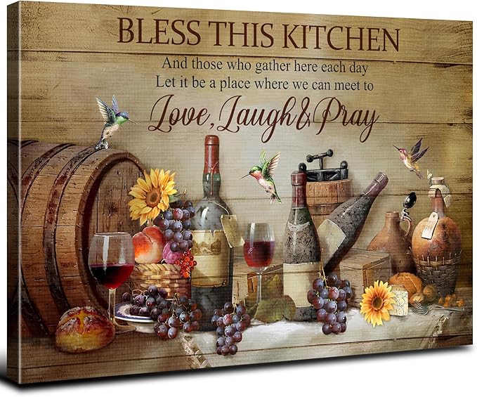 Christian Wall Art Kitchen Wall Decor Rustic Wine Decor Dining Room Pictures Farmhouse Bless This Kitchen Wall Art Gather Sign Canvas Prints Vintage CountryPainting Artwork Home Decorations 12x16"