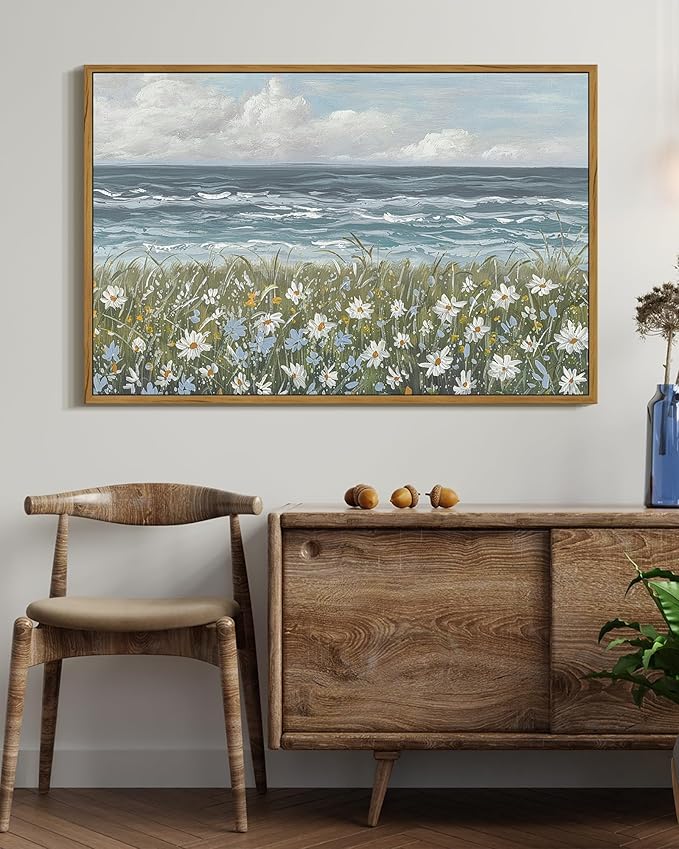 SHENIFY Vintage Landscape Framed Wall Art Sea Coastal Wildflower Field Scenery Farmhouse Decor Retro Painting for Living Room Bedroom Ready to Hang Wall Artwork - 16x24in Natural Framed