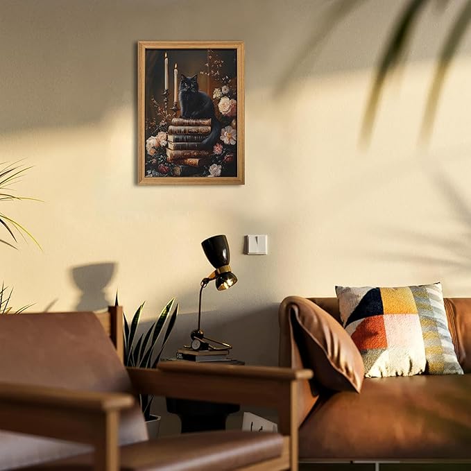Framed 3D Textured Cat Wall Art – Vintage Books Floral Dark Academia Decor, Victorian Gothic Botanical Flowers Pictures for Living Room Bedroom Gallery Library Wall Decor – 12x16in