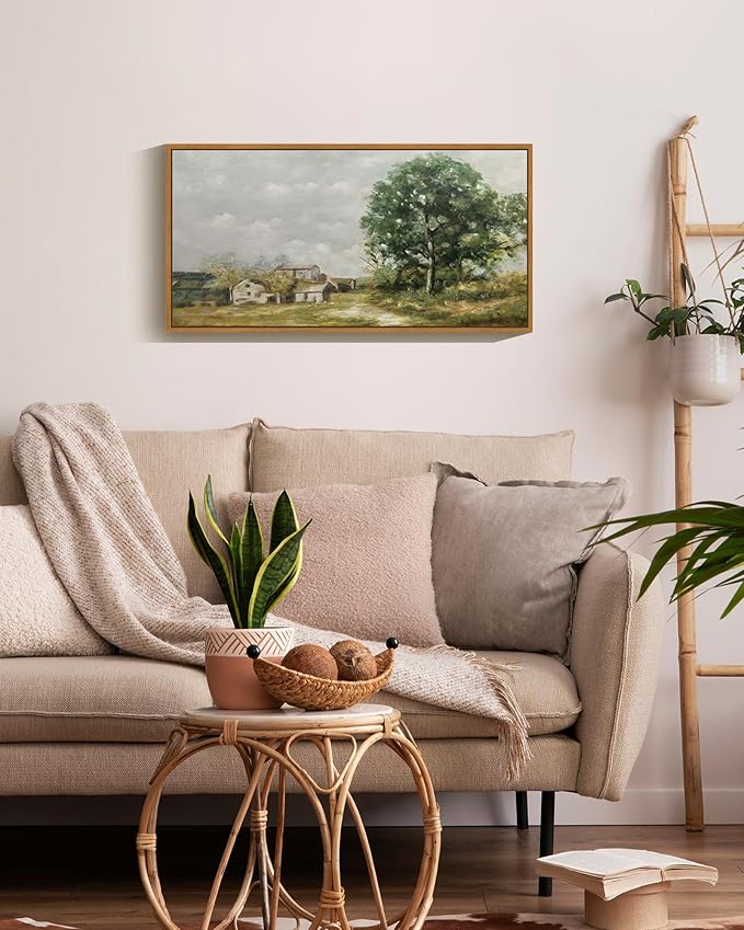SHENIFY Vintage Framed Wall Art Rustic Country Road Landscape Painting Retro Countryside Scenery Farmhouse Kitchen Living Room Decor - 8x16in Natural Framed