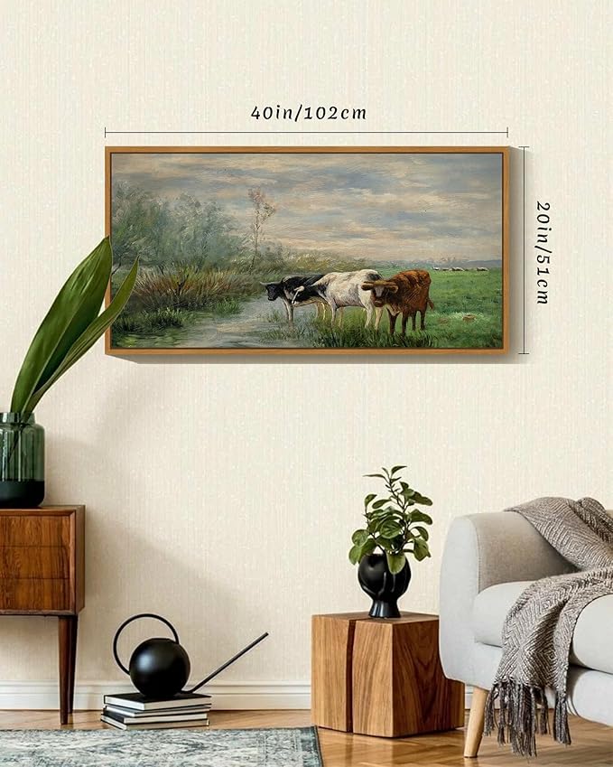 SHENIFY 20x40in Extra Large Vintage Framed Wall Art Cow Farm Landscape Painting Retro Meadow Scenery Farmhouse Bedroom Above of Bed Living Room Decor - Natural Framed