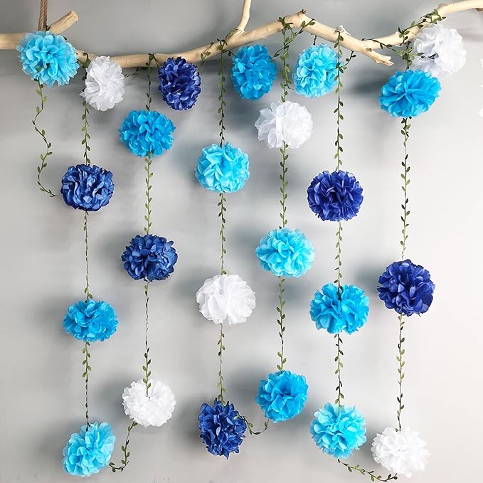 Blue White Party Decorations Ombre Blue Tissue Paper Flowers Pom Pom with Leaf Ribbon Hanging Garland Streamer for Birthday Baby Shower Wedding Under The Sea Nautical Ahoy Achor Party Supplies