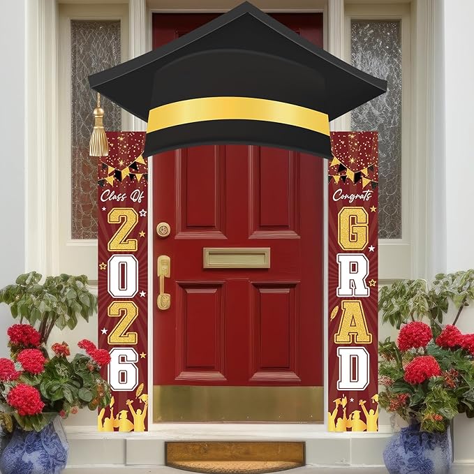 3Pcs Graduation Cap Door Banner 2026 Graduation Door Decoration Class of 2026 Porch Sign Congrat Grad Hanging Banner Decor Grad Party Indoor Outdoor Wall Decor Photo Prop Supplies Maroon Gold