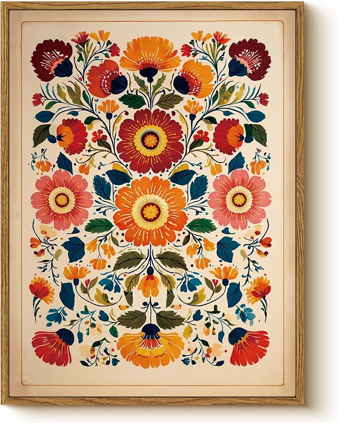 WHASAYART Framed Colorful Floral Cute and Elegent Wall Art 12''x16'', Nature Rustic Botanical Canvas Print, Boho Vintage Style, Still Life Orange Blue Red Flower for Living Room Bedroom Decoration