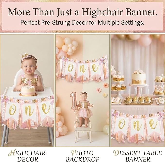 Pre - strung Pink Highchair Banner - 1st One Birthday Highchair Banner for Princess Girls ONE Baby Shower Room Party Decor