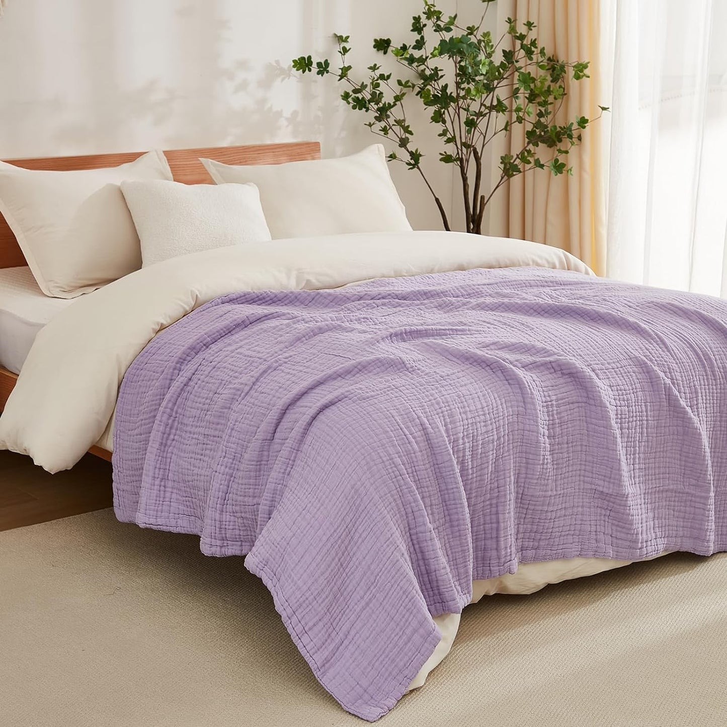 EMME Cotton Blanket Queen Size for Bed Soft Large Muslin Bed Blankets 80"x90" Lightweight Breathable All Season Gauze, Lavender