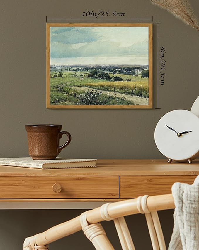 SHENIFY Vintage Landscape Framed Wall Art Rustic Countryside Meadow Farmhouse Decor Retro Grassland Painting for Kitchen Living Room Bedroom Bathroom - 8x10in Natural Framed