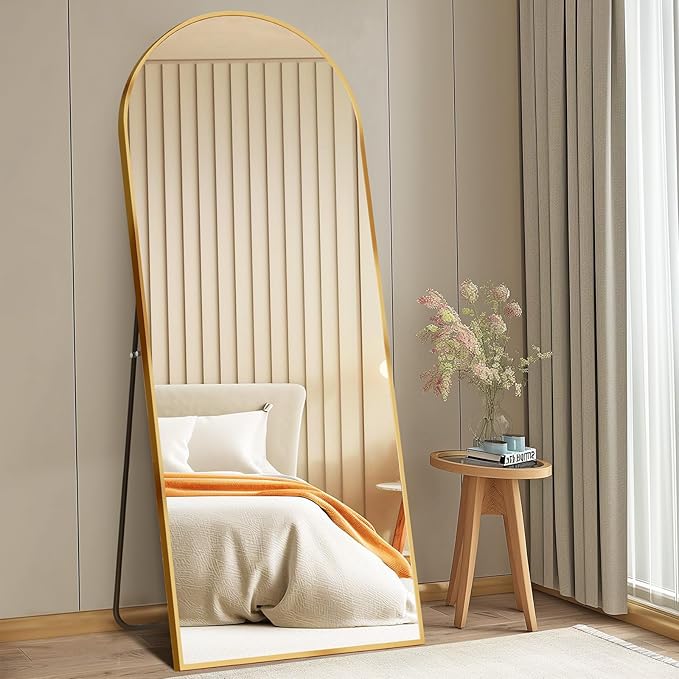 DUMOS Arched Full Length Mirror with Stand Floor Standing Aluminum Frame for Bedroom Body Hanging Leaning Modern Simple Home Decor Shatter-Proorf Nano Glass Wall Living Room Cloakroom Gold 65"x24"