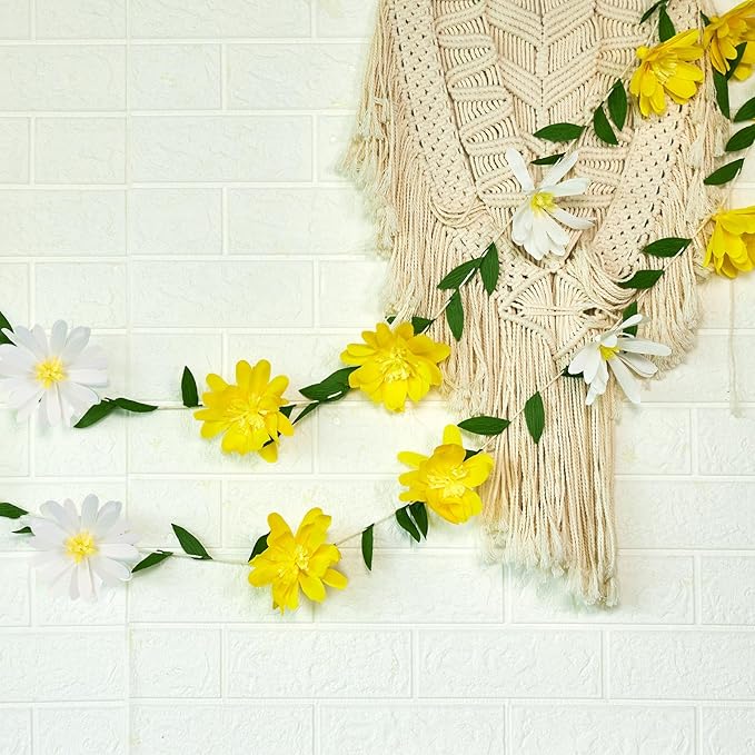 EASY JOY Crepe Paper Flowers Banners White Yellow Floral Banner Spring Hanging Paper Flower Leaves Garlands for Spring Birthday Wedding Home Decorations