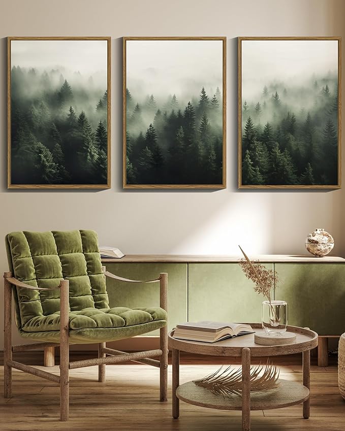 SHENIFY Green Fog Pine Tree Forest Canvas Wall Art Large 16x24in Framed Nature Modern Artwork Prints Decor - Natural Framed