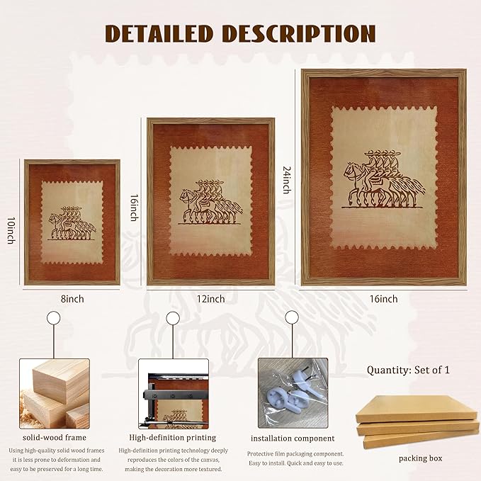 Framed Rustic Stamp Wall Art, Vintage Mexico Cowboys on Horseback Wall Decor, Earthy Tones Western Cowboy Canvas, Modern Farmhouse Pictures Prints for Bedroom Living Room – 12x16 inch