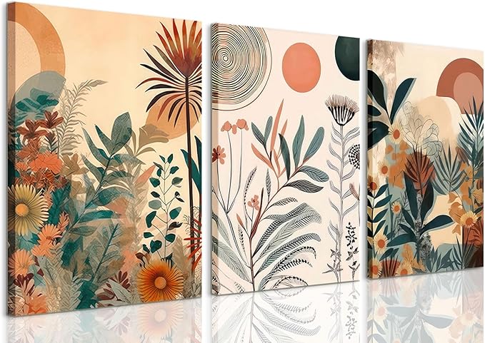 LYPHNX Framed Boho Burnt Orange Botanical Floral Canvas Wall Art Abstract Terracotta Jungle Poster Pictures Set of 3 Flower Prints Painting Home Decor for Bathroom Bedroom Living Room 12"x16"