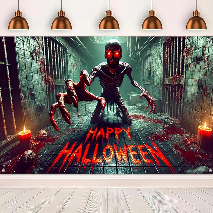 Halloween Horror Backdrop 71x43 Inch Bloody Monster Wall Banner Crawling Skeleton Decoration for Haunted House Scary Prison Hallway Decor Party Indoor Outdoor Display