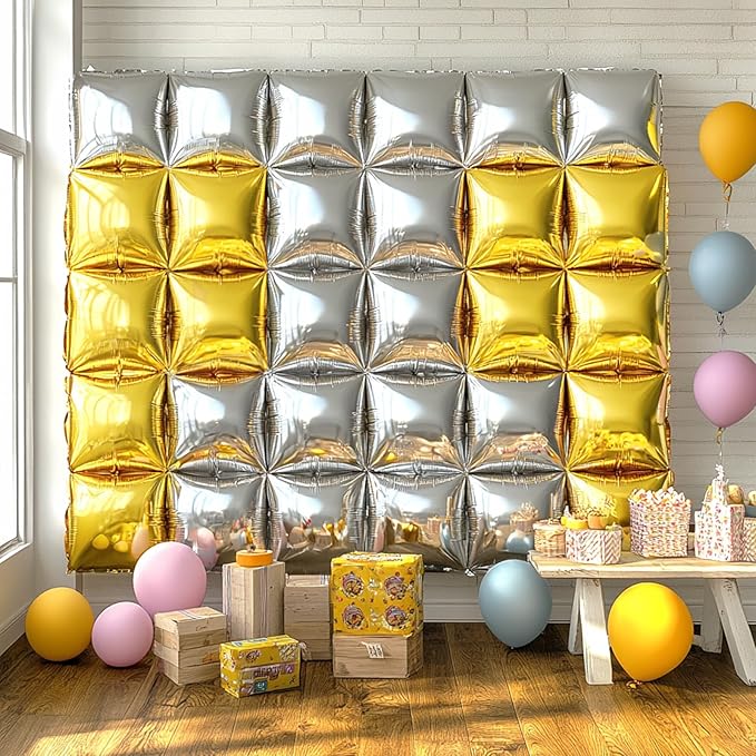 NISOCY 25PCS Metallic Silver Gold Square Foil Balloons Wall Backdrop Double Sided Chrome Gold Silver Balloons Arch Kit for Christmas New Year Anniversary Birthday Engagement Bridal Party Decorations