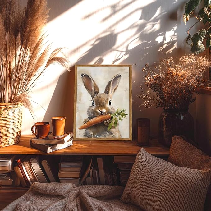 Framed Vintage Rabbit Canvas Wall Art, Cute Easter Bunny with Carrot Pictures Wall Decor, Spring Farmhouse Animal Paintings Prints Cottagecore Home Decor for Living Room Kitchen Nursery 16x24 inch