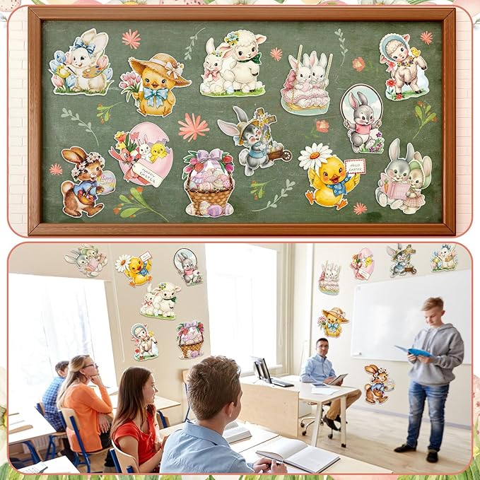 12 Pcs Large Vintage Easter Cutouts Watercolor Double Sided Printing Happy Easter Paper Cuts Spring Rustic Farmhouse Bunny Rabbit Egg Cutout for Party Baby Shower Birthday Classroom Wall Decor