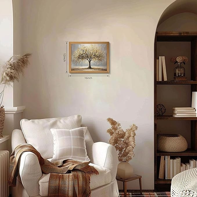 3D Textured Tree of Life Wall Art, Abstract Gold Tree Botanical Wall Decor, Modern Nature Landscape Sandstone Painting for living room Bedroom Bathroom Office 12x16 Inch Framed