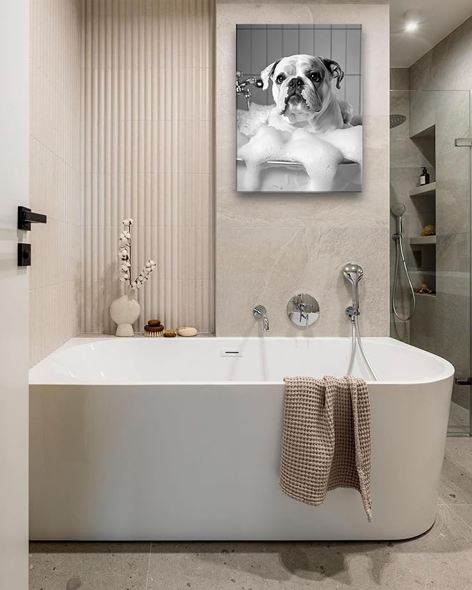 KensTro Funny Bathroom Wall Art Decor,12" x 16" Framed Canvas Bathroom Wall Art Picture,Black and White French Bulldog Dog Bathing Wall Art Animal Abstract Prints,Wall Decor for Kid's Room,1Pack Gift