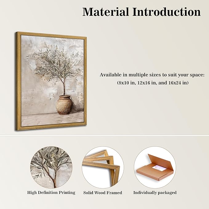 Vintage Olive Tree Canvas Wall Art, Farmhouse Aesthetic Oil Painting, Rustic Potted Plant Wall Decor, Neutral Botanical Print Artwork Picture for Living Room Kitchen Home Decor 16x24 Inch Framed