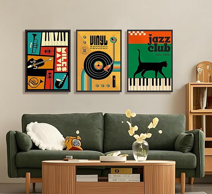 JWDXNOOK 3pcs Retro Jazz Music Wall Art Vintage Vinyl Records Paintings Musical Instruments Black Cat on Piano Canvas Prints Poster for Living Room Bedroom Music Room Decor Unframed