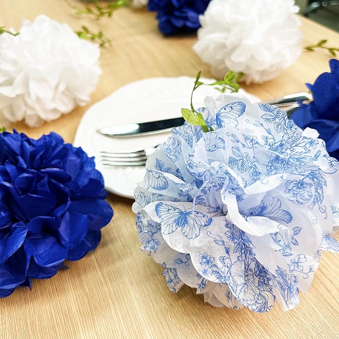 Blue and White Floral Royal Blue Tissue Flowers Pom Pom with Sage Green Leaf Ribbon Hanging Streamer Garland for Birthday Baby Shower Wedding Engagement Chinoiserie Theme Party Decorations Supplies