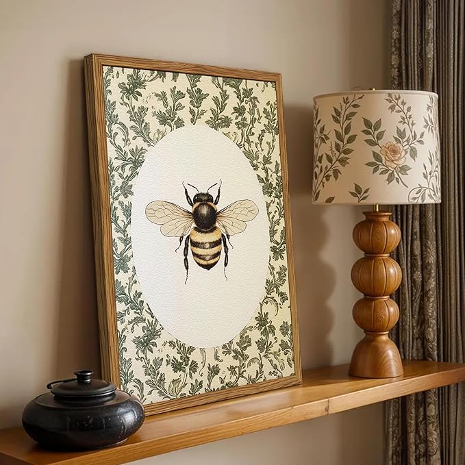 Framed Vintage Bee Wall Art, Rustic Insect Pictures Wall Decor, 3D Textured Sandstone Green Botanical Paintings Prints Cottagecore Home Decor for Living Room Bedroom Office 12x16 inch