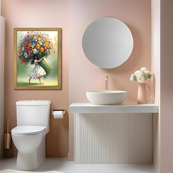 Wood Framed Pink Wildflower Canvas Wall Art, Girl Hugging Flowers Poster Prints Paintings, Teen Girls Preppy Bedroom Decor, Green Room laesthetic Picture for Kids Room Hallway Living Room 16x24 Inch