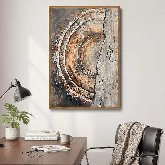 IBHJSART Framed Tree Ring Canvas Wall Art Vintage Colorful Wood Stump Painting Prints Modern Minimalist Pictures Neutral Nature Rustic Farmhouse Decor Living Room Bedroom Bathroom Office