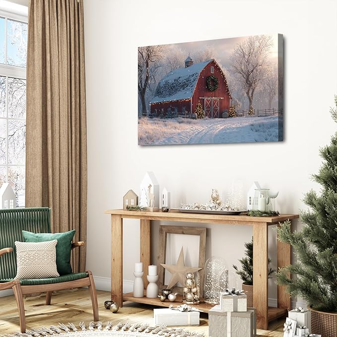 Nature Farmhouse Canvas Wall Art Red Barn Poster Christmas Tree Prints Picture Rustic Country Snow Pictures Wall Decor Winter Scenic Painting Artwork for Kitchen Dining Room Home Decorations 24x36"