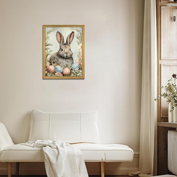 Easter Bunny Wall Art, Vintage Rabbit Canvas Wall Decor, Easter Eggs Poster Print Picture, Spring Farmhouse Animal Painting for Living Room Bedroom Kitchen Holiday Home Decor 16x24 Inch Wood Framed