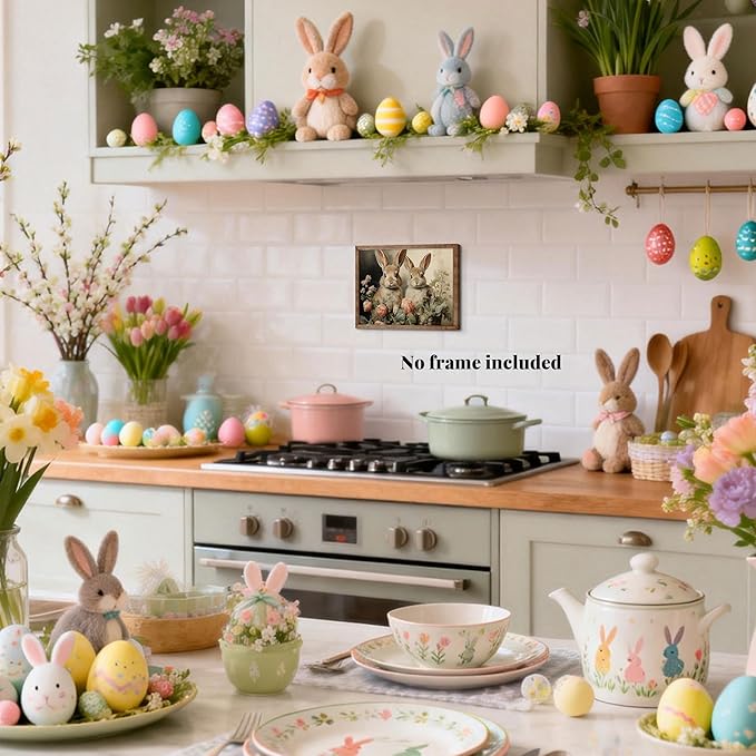 Easter Bunny Wall Art Poster, Two Adorable Rabbits with Flower Basket Picture Prints, Rustic Farmhouse Canvas Artwork, Vintage Holiday Wall Decor for Kids Room Bedroom Living Room 8x10in Unframed